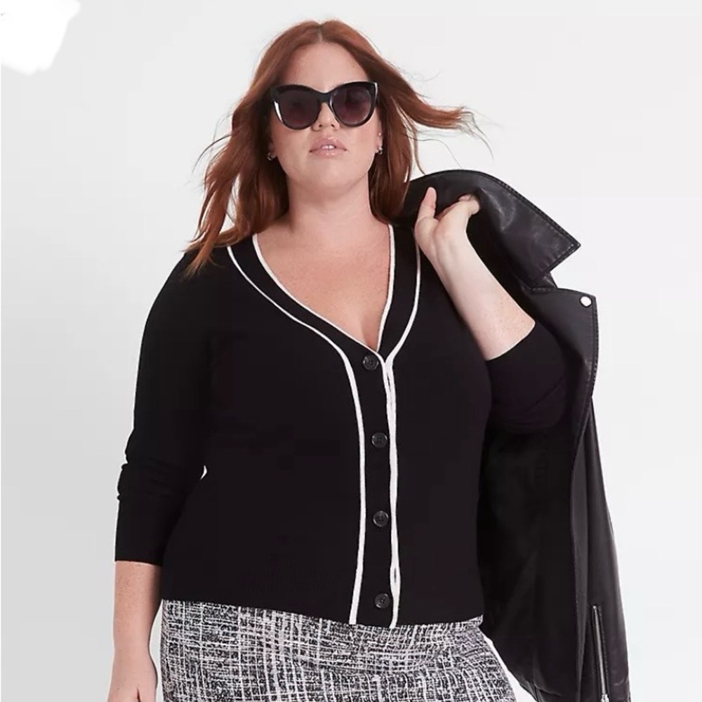 Classic Long-Sleeve Button-Front Cardigan Black Cardigan with off-white Trim